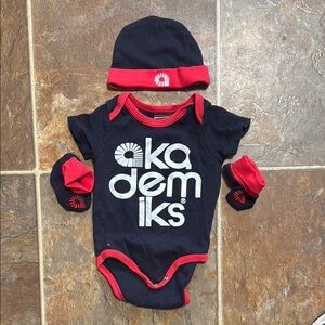 Akademiks Black and Red Onesie with hat and socks